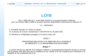 LOI no 2023-703 du 1er août 2023 relative à la programmation militaire pour les années 2024 à 2030 et portant diverses dispositions intéressant la défense