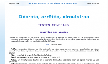 Décret no 2023-681 du 20 juillet 2023 modifiant le décret no 2007-1924 du 26 décembre 2007 portant attribution de la nouvelle bonification indiciaire à certains personnels infirmiers et paramédicaux civils du ministère de la défense