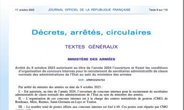 Arrêté du 9 octobre autorisant au titre de 2024 l'ouverture de concours internes SACN au sein du MinArm