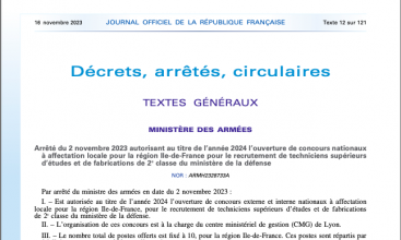 Arrêté du 2 nov 2023 autorisant au titre de l'année 2024 l'ouverture de concours à affectation locale pour la région Ile de France pour recrutement TSEF2