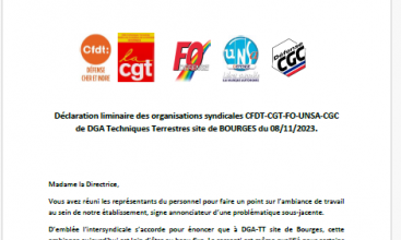 Déclaration liminaire des Organisations Syndicales CFDT-CGT-FO-UNSA-CGC de DGA Techniques Terrestres Site de Bourges du 08 novembre 2023.