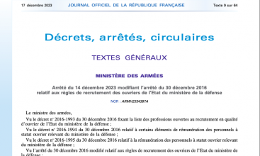 Arrêté du 14_12_2023 modifiant l'arrêté du 30_12_2016 relatif aux règles de recrutement des OE au MinArm