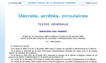 Arrêté du 14 décembre 2023 modifiant l'arrêté du 26 octobre 2022 fixant la liste de Conseiller d'Administration de la Défense