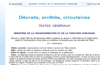 Décret 2023-1320 du 28 décembre 2023 modifiant le décret 2012-920 relatif à l'introduction d'une aide au maintien à domicile pour les retraités de l'État