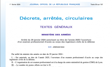 Arrêté du 29 janvier 2024  autorisant au titre de l'année 2025 l'ouverture d'un examen professionnel d'accès au corps des ICD