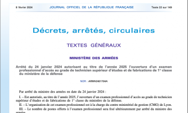 Arrêté du 24 janvier autorisant au titre de l'année 2025 l'ouverture d'un examen professionnel d'accès au grade de TSEF1