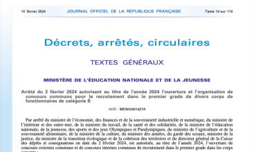 Arrêté du 2 fév 2024 autorisant au titre de 2024 l'ouverture et organisations de concours communs pour le recrutement dans le 1er grade de différents corps de fonct de cat B
