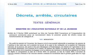 Arrêté du 2 fév 2024 autorisant au titre de 2024 l'ouverture et organisations de concours communs pour le recrutement dans le 1er grade de différents corps de fonct de cat B 