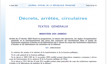 Arrêté du 27 février 2024 fixant le programme, la nature des épreuves, les règles d’organisation générale et le fonctionnement des jurys des concours de recrutement dans le grade de technicien supérieur d’études et de fabrications de 2e classe du corps des techniciens supérieurs d’études et de fabrications du ministère de la défense.