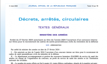 Arrêté du 27 fevr 2024 autorisant pour 2024 l'ouverture d'un concours interne sur titres pour le recrutement de cadres de santé paramédicaux civils du MinArm