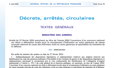 Arrêté du 27 fev 2024 autorisant pour 2024 l'ouverture d'un concours national sur titres à affectation locale pour le recrutement d'Infirmier en Soins Généraux de classe normale relevant du corps des Infirmiers Civils en Soins Généraux et Spécialisés