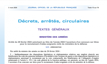 Arrêté du 28 fev 2024 autorisant pour 2024 l'ouverture d'un concours sur titres pour le recrutement d'Aide-Soignant civil du MinArm