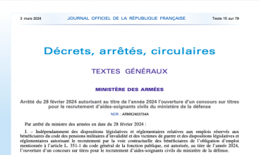 Arrêté du 28 fev 2024 autorisant pour 2024 l'ouverture d'un concours sur titres pour le recrutement d'Aide-Soignant  civil du MinArm