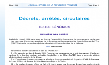 Arrêté du 19 avril ouverture recrutement par la voie PACTE dans le corps des Adjoints Administratifs