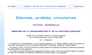 Arrêté du 3 avril 2024 relatif au montant du "forfait télétravail" pour l'année 2024