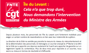 Tract FNTE : "île du Levant : Cela n'a que trop duré, nous demandons l'intervention du Ministre des Armées" et courrier adressé au Ministre des Armées.