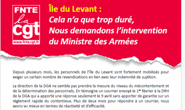 Tract FNTE : "île du Levant : Cela n'a que trop duré, nous demandons l'intervention du Ministre des Armées" et courrier adressé au Ministre des Armées.