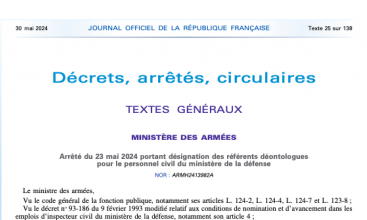 Arrêté du 23 mai 2024 portant désignation des référents déontologues pour le Pers Civ du MinArm