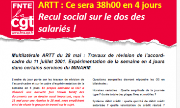 Tract FNTE : "ARTT : Ce sera 38H00 en 4 jours. Recul social sur le dos des salariés !"