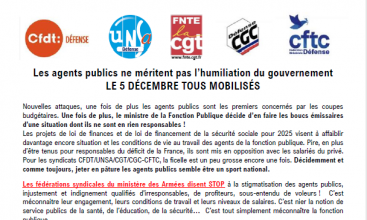 Communiqué Intersyndical - CFDT - UNSA - CGT - CGC-CFTC - Appel à Mobilisation du 5 décembre 2024 "Les agents publics ne méritent pas l'humiliation du gouvernement - LE 5 DECEMBRE TOUS MOBILISES "