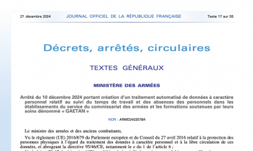 Arrêté du 10 décembre portant création d'un traitement automatisé de données à caractère personnel relatif au suivi du temps de travai et des absences dans les établissements du SCA nommé GAETAN