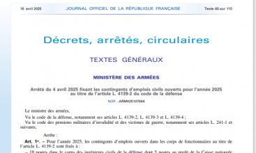 Arrêté du 4 avril 2025 fixant les contingents d’emplois civils ouverts pour l’année 2025 au titre de l’article L. 4139-2 du code de la défense.