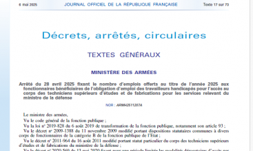 Arrêté 28 avril 2025 fixant nombre emplois titre 2025 aux fonctionnaires bénéficiaires OBE travailleurs handicapés accès corps des TSEF au MDA.