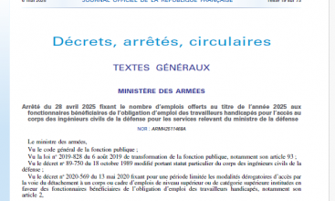 Arrêté 28 avril 2025 fixant nombre emplois offerts 2025 aux fonctionnaires bénéficiaires OBE travailleurs handicapés accès corps ingénieurs civils de la défense services MDA