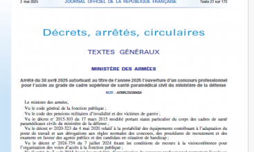 Arrêté du 30 avril 2025 autorisant au titre de l’année 2025 l’ouverture d’un concours professionnel pour l’accès au grade de cadre supérieur de santé paramédical civil du ministère de la défense.