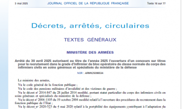 Arrêté 30 avril 2025 autorisant titre 2025 ouverture concours sur titre recrutement dans grade infirmier bloc opératoire classe normale corps infirmiers civils soins généraux et spécialisés du MDA