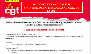 Tract syndicat AIA AMBÉRIEU : Victoire syndicale - Maintien de notre CAPSO au CMG de LYON !