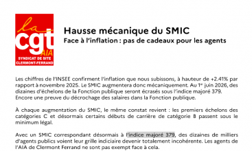 AIA CLERMONT-FERRAND : Hausse mécanique du SMIC. Face à l'nflation : pas de cadeau pour les agents.
