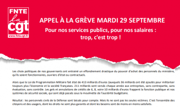 Tract FNTE : "APPEL À LA GRÈVE MARDI 29 SEPTEMBRE - Pour nos services publics, pour nos salaires : trop, c'est trop !"